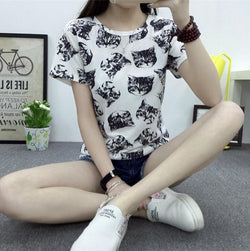 O-neck Cute Cat Print Tshirt